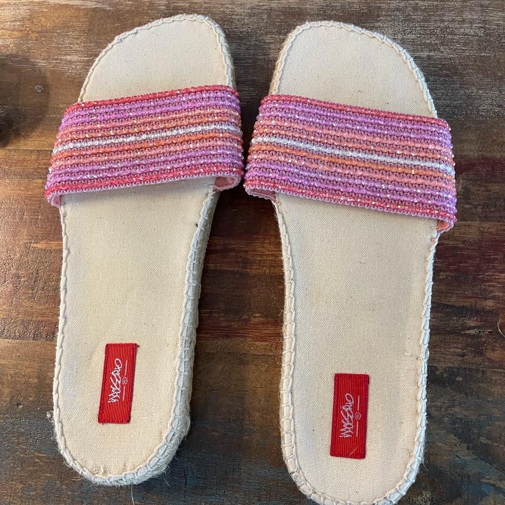 Mossomo Pink Multi Color Beaded Sandal Rope Sole Gentle Used See Pics